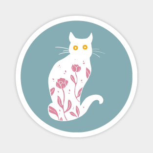 White kitty with pink flowers Magnet